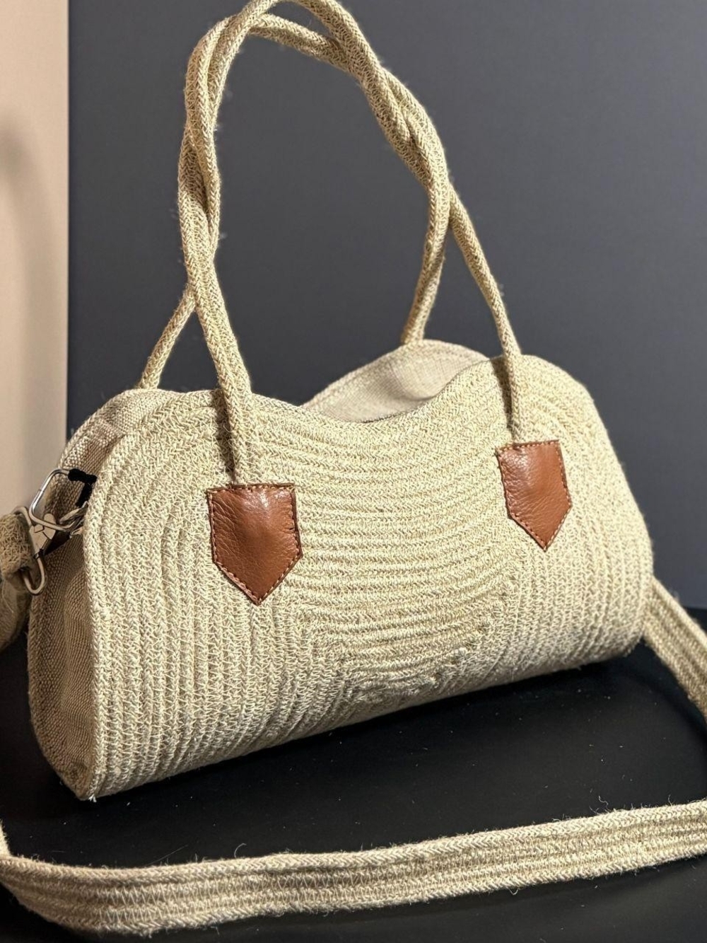 Natural Woven Shoulder Bag with Brown Leather Accents
